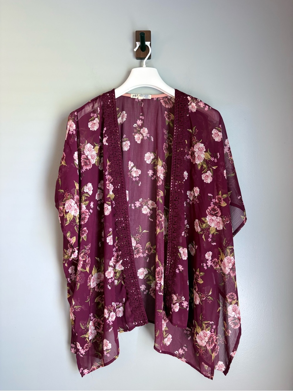 Jolt Floral Lace Trim Sheer Open Front Kimono Boho Cardigan